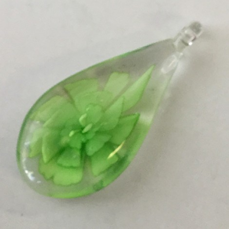 28x55mm Green Inlaid Flower Glass Teardrop Pendant