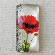 19x38mm Rectangle Art Glass Backed Cabochons - Red Poppies 4 - Each