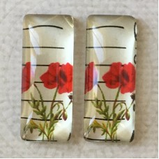 10x25mm Rectangle Art Glass Backed Cabochons - Red Poppies 1 - Per Pair