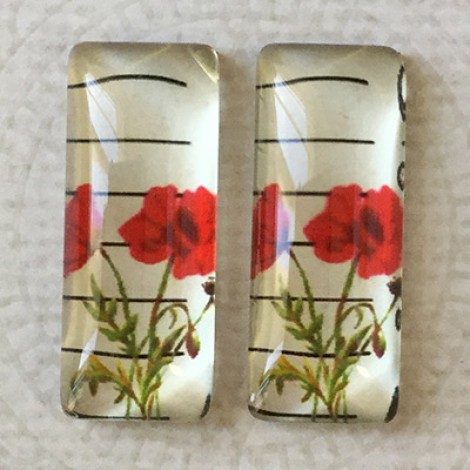 10x25mm Rectangle Art Glass Backed Cabochons - Red Poppies 1 - Per Pair