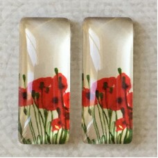 10x25mm Rectangle Art Glass Backed Cabochons - Red Poppies 2 - Per Pair