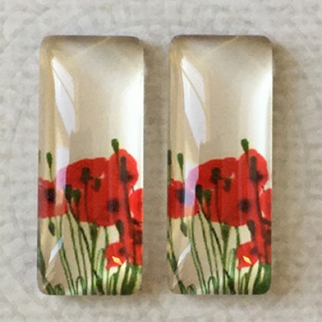 10x25mm Rectangle Art Glass Backed Cabohons - Red Poppies 2