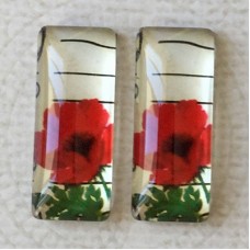 10x25mm Rectangle Art Glass Backed Cabochons - Red Poppies 6 - Per Pair