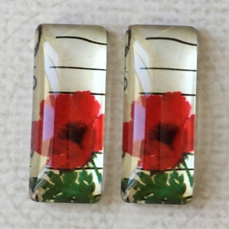 10x25mm Rectangle Art Glass Backed Cabochons - Red Poppies 6 - Per Pair 10x25mm Rectangle Art Glass Backed Cabochons - Red Poppies 6 - Per Pair