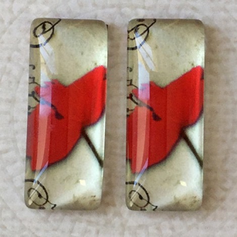 10x25mm Rectangle Art Glass Backed Cabochons - Red Poppies 8 - Per Pair 10x25mm Rectangle Art Glass Backed Cabochons - Red Poppies 8 - Per Pair