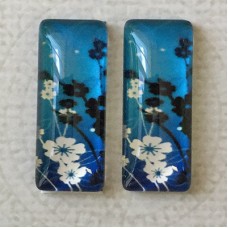 10x25mm Rectangle Art Glass Backed Cabochons - Flowers 4 - Per Pair