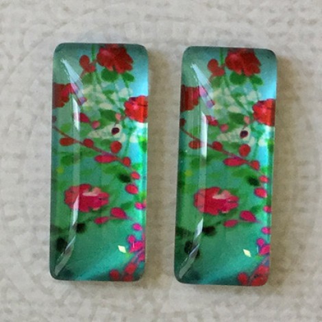 10x25mm Rectangle Art Glass Backed Cabochons - Flowers 9 - Per Pair