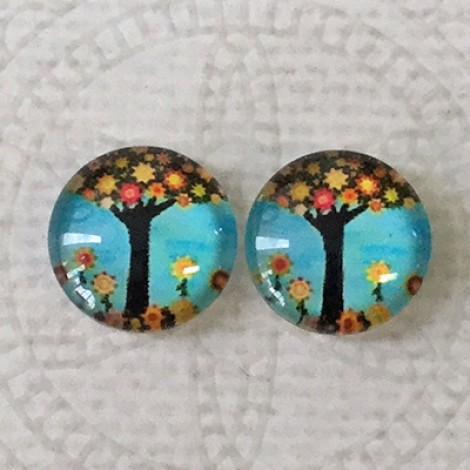 12mm Art Glass Backed Cabochons - Tree of Life 20 - Per Pair 12mm Art Glass Backed Cabochons - Tree of Life 20 - Per Pair