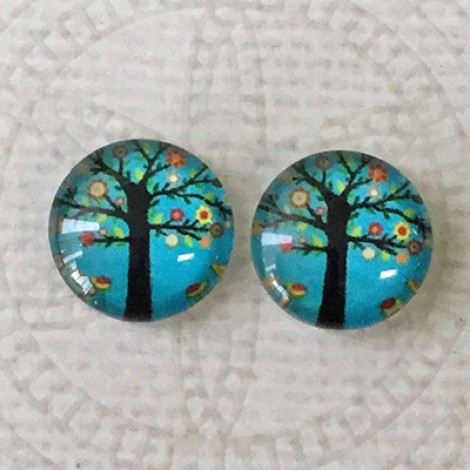 12mm Art Glass Backed Cabochons - Tree of Life 21 - Per Pair 12mm Art Glass Backed Cabochons - Tree of Life 21 - Per Pair