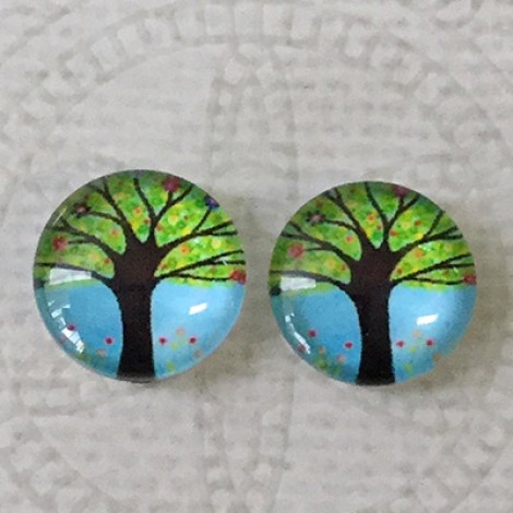 12mm Art Glass Backed Cabochons - Tree of Life 23 - Per Pair 12mm Art Glass Backed Cabochons - Tree of Life 23 - Per Pair