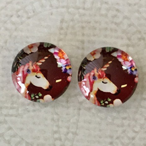 12mm Art Glass Backed Cabochons  - Unicorn 10 - Per Pair