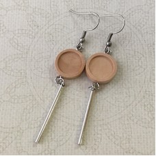 12mmID Wooden/Stainless Steel Round Earring Settings w-Column Drop - Natural - Per Pair