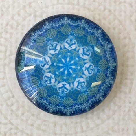 25mm Art Glass Backed Cabochons - Blue Mandala 8 - Each 25mm Art Glass Backed Cabochons - Blue Mandala 8 - Each