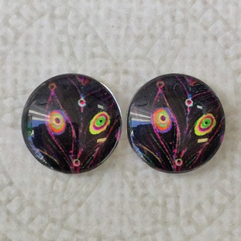 12mm Art Glass Backed Cabochons - Feathers Design 3 - Per Pair