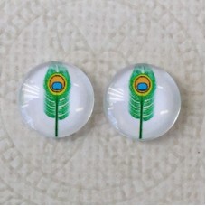 12mm Art Glass Backed Cabochons - Feathers Design 31 - Per Pair