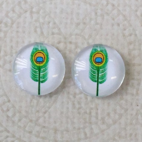 12mm Art Glass Backed Cabochons - Feathers Design 31 - Per Pair 12mm Art Glass Backed Cabochons - Feathers Design 31 - Per Pair