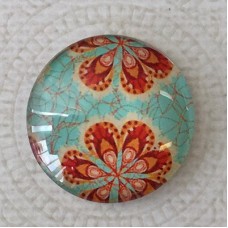 25mm Art Glass Backed Cabochons - Red Flowers on Aqua - Each
