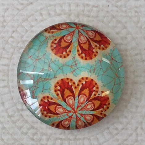 25mm Art Glass Backed Cabochons - Red Flowers on Aqua - Each 25mm Art Glass Backed Cabochons - Red Flowers on Aqua - Each