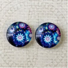 12mm Art Glass Backed Cabochons  - Blue Flower Series Design 3 - Per Pair