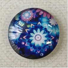 25mm Art Glass Backed Cabochons - Blue Flower Design 2 - Each
