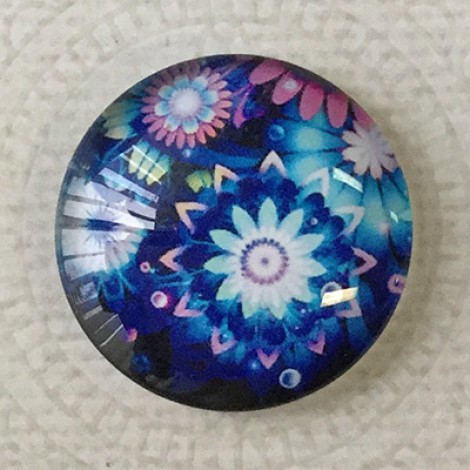 25mm Art Glass Backed Cabochons - Blue Flower Design 2 - Each 25mm Art Glass Backed Cabochons - Blue Flower Design 2 - Each