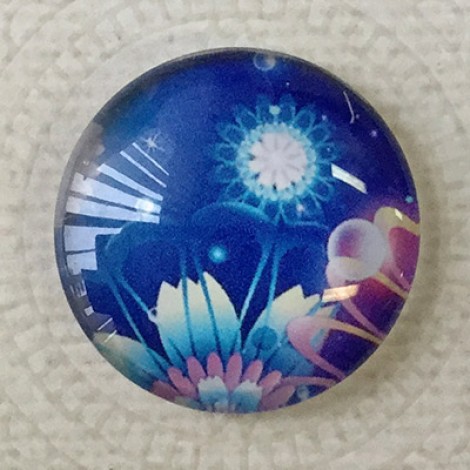 25mm Art Glass Backed Cabochons - Blue Flower Design 3 - Each