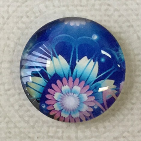 25mm Art Glass Backed Cabochons - Blue Flower Design 4 - Each