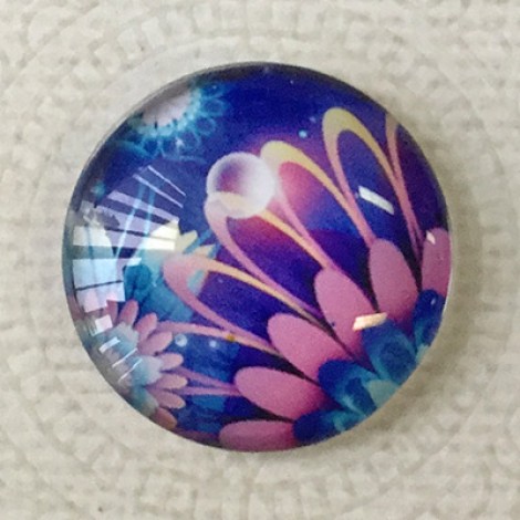25mm Art Glass Backed Cabochons - Blue Flower Design 7 - Each