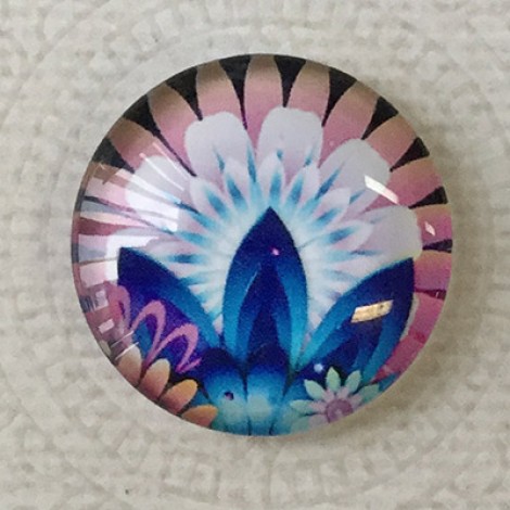 25mm Art Glass Backed Cabochons - Blue Flower Design 8 - Each 25mm Art Glass Backed Cabochons - Blue Flower Design 8 - Each