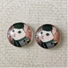 12mm Art Glass Backed Cabochons  - Pussy Cat 3 - Bell Boy Cat - Per Pair