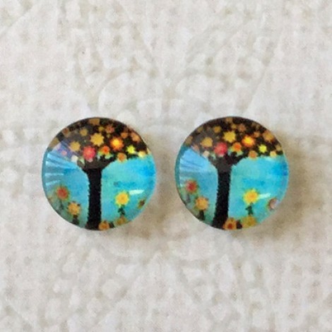 8mm Art Glass Backed Cabochons - Flora Design 10 - Per Pair 8mm Art Glass Backed Cabochons - Flora Design 10 - Per Pair