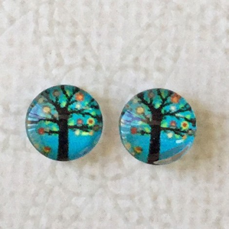 8mm Art Glass Backed Cabochons - Flora Design 23 - Per pair 8mm Art Glass Backed Cabochons - Flora Design 23 - Per pair