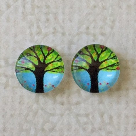 8mm Art Glass Backed Cabochons - Flora Design 8 - Per pair 8mm Art Glass Backed Cabochons - Flora Design 8 - Per pair