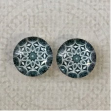 12mm Art Glass Backed Cabochons - Teal & White Mandala 1 - Per Pair