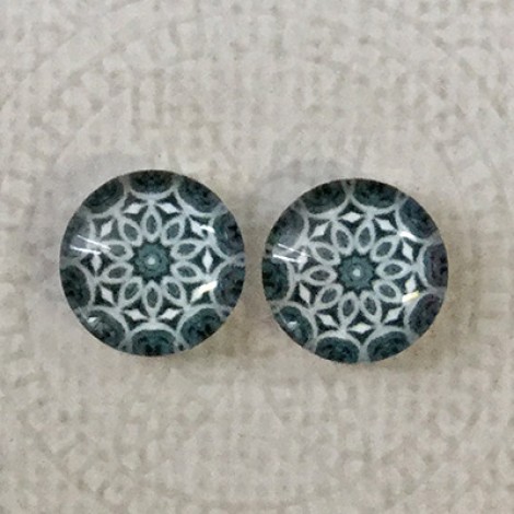 12mm Art Glass Backed Cabochons - Teal & White Mandala 1 - Per Pair 12mm Art Glass Backed Cabochons - Teal & White Mandala 1 - Per Pair