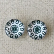 12mm Art Glass Backed Cabochons - Teal & White Mandala 10 - Per Pair