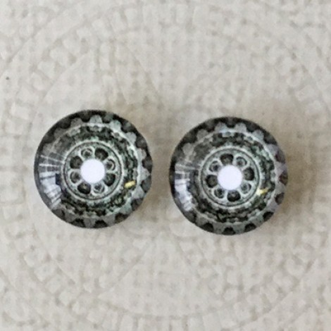 12mm Art Glass Backed Cabochons - Teal & White Mandala 11 - Per Pair