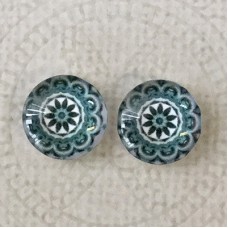 12mm Art Glass Backed Cabochons - Teal & White Mandala 4- Per Pair