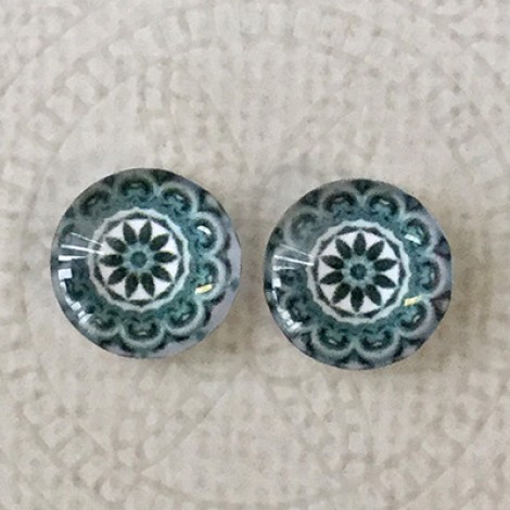 12mm Art Glass Backed Cabochons - Teal & White Mandala 4- Per Pair 12mm Art Glass Backed Cabochons - Teal & White Mandala 4- Per Pair