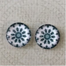 12mm Art Glass Backed Cabochons - Teal & White Mandala 8- Per Pair