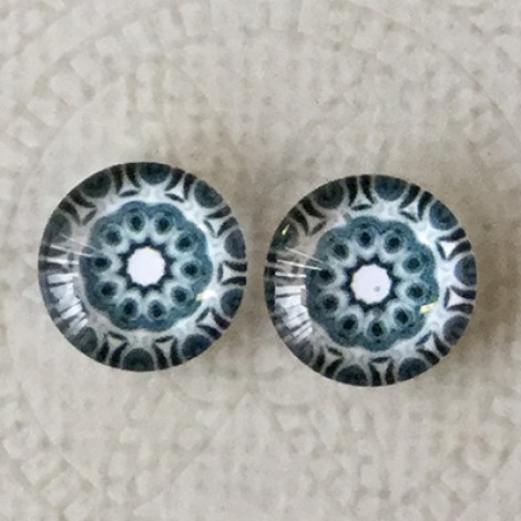12mm Art Glass Backed Cabochons - Teal & White Mandala 9- Per Pair 12mm Art Glass Backed Cabochons - Teal & White Mandala 9- Per Pair