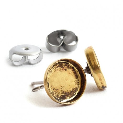 8mm ID Nunn Design Bezel Earposts - 24K Antique Gold Plated with Surgical Steel Posts & Backs