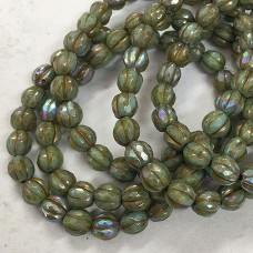 6mm Czech Faceted Melon Beads - Tea Green w-Picasso + AB Finish with Gold Wash - Pack of 5