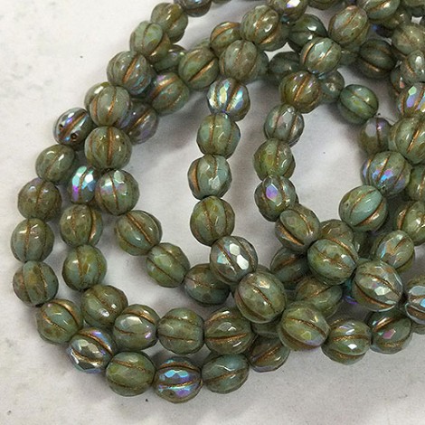 6mm Czech Faceted Melon Beads - Tea Green w-Picasso + AB Finish with Gold Wash - Pack of 5