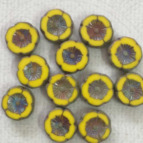 12mm Czech Table-Cut Hibiscus Flowers - Dandylion with Picasso Finish & Orange Wash