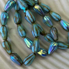 15x8mm Czech Faceted Melon Drops - Sky Blue w-Rainbow AB + Picasso Finish - Pack of 2