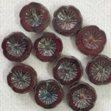 14mm Czech Table-Cut Hibiscus Flowers - Ruby Red with Picasso Finish