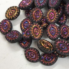 14x11mm Mystic Eye Czech Pressed Glass Beads - Matte Black w-Metallic Volcano Wash - Pack of 2