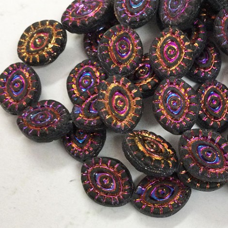 14x11mm Mystic Eye Czech Pressed Glass Beads - Matte Black w-Metallic Volcano Wash - Pack of 2 14x11mm Mystic Eye Czech Pressed Glass Beads - Matte Black w-Metallic Volcano Wash - Pack of 2