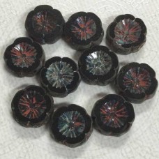 14mm Czech Table-Cut Hibiscus Flowers - Purple with Picasso Finish & Coral Wash - Pack of 2